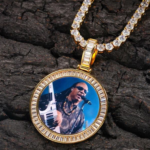 Família Memorial DIY Jóias Presentes Hip Hop Redondo Pingente Colar Photo Colar Baguette Diamante 18k Zircônia Cúbica Gelado Para Homens