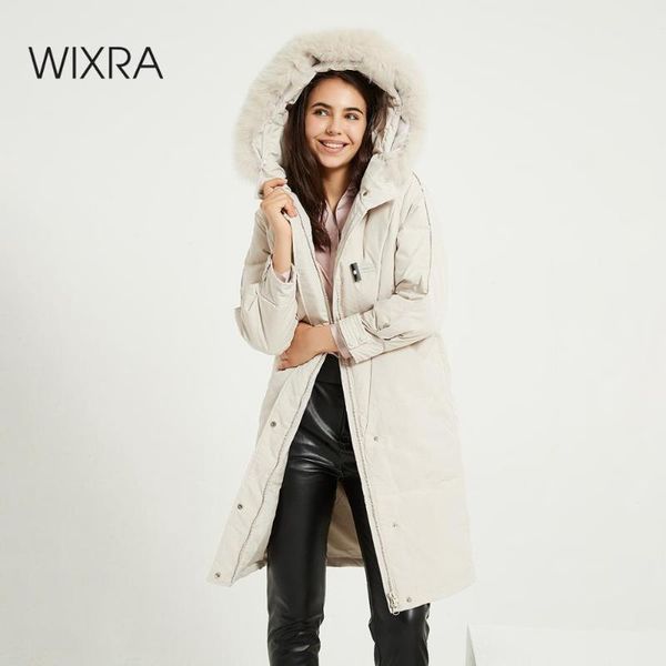 

wixra coats womens thick warm winter outwear white duck down horn button long jackets fur hooded parkas snow coats, Black