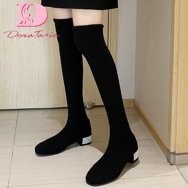 

doratasia new female over the knee boots rounf toe med heels stretch slim thigh high boots women 2020 slip on shoes woman, Black