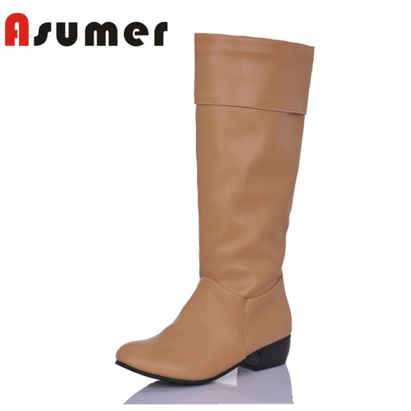 

asumer 2020 round toe knee high boots for women slip on solid winter boots pu simple daily fashion, Black