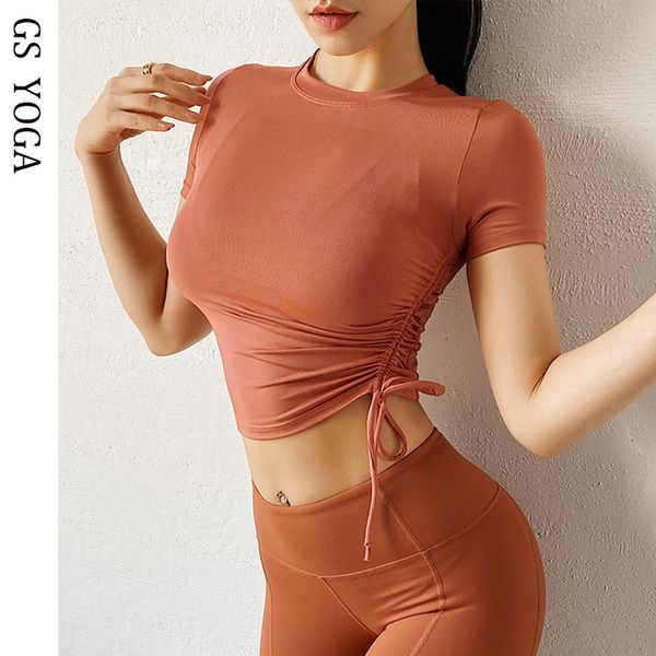 

yoga outfits women drawstring sport shirts short-sleeve gym t shirt tight quick-drying trainning outdoors running, White;red