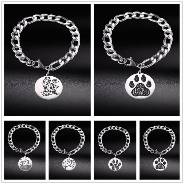 

lemegeton footprints lone wolf charm bracelets men bear stainless steel charms punk bracelets&bangles, Golden;silver