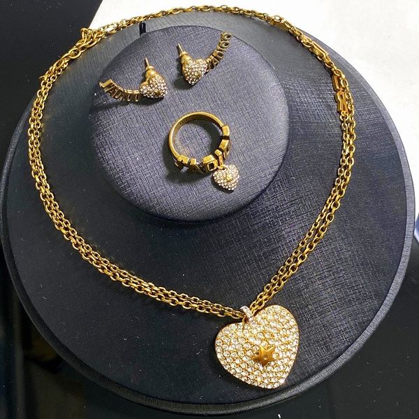 

d/dijia 2020 new three-piece set of love earrings women's fashion temperament double-layer necklace love diamond ring, Golden