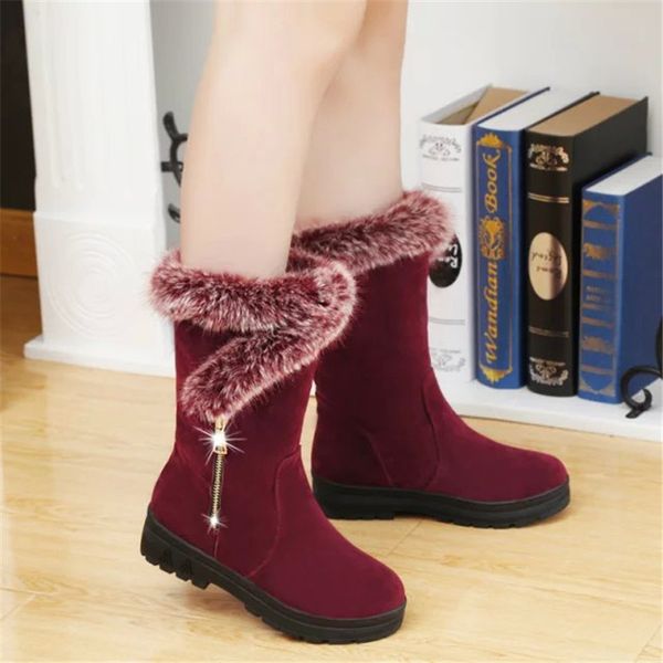 

2020 mid-calf boot quality flock leather snow boots fur hair ball boots women's shoes flat cotton warm, Black