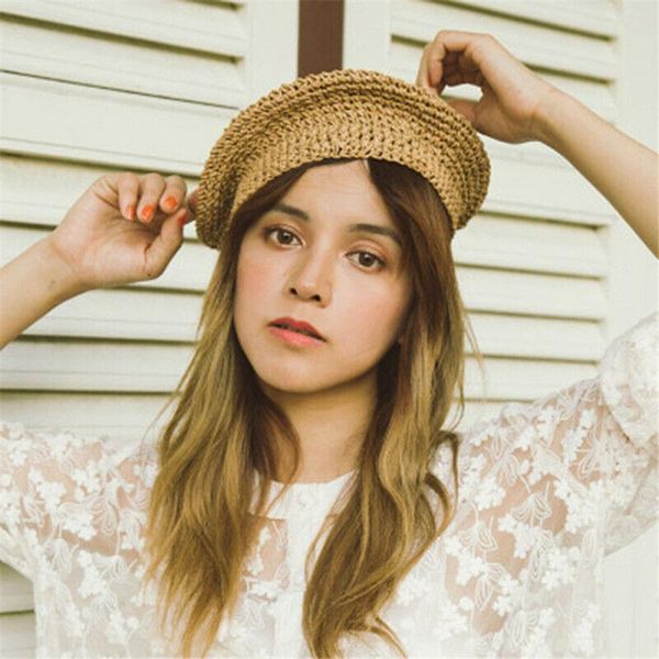 

berets vintage straw woven beret french lady girl summer beanie hat artist cap handmade xin-, Blue;gray