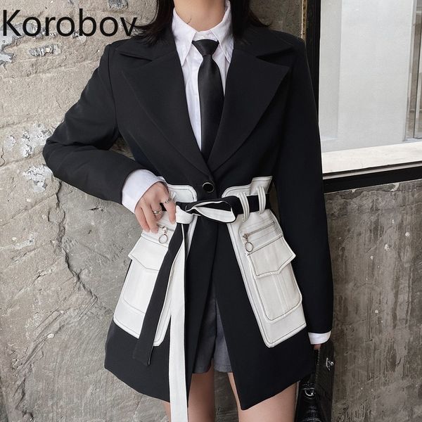 

korobov fashion personality women blazers korean streetwear long sleeve sashes coats harajuku patchwork pockets blazer, White;black