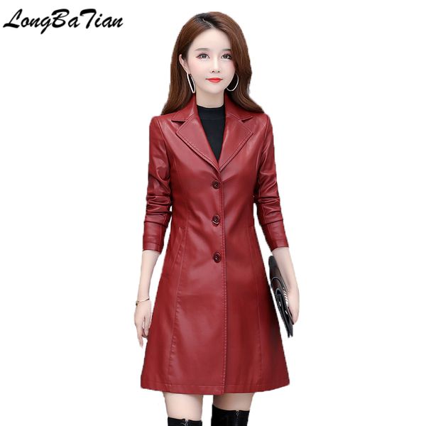 

woman trench plus size s-4xl clothing outwear spring autumn long leather coat female ins fashion jackets suede, Black