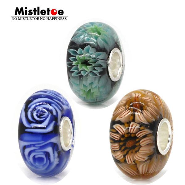 

mistletoe jewelry 925 sterling silver 3d flowers pink blue green daisy rose murano glass charm bead fit european bracelet