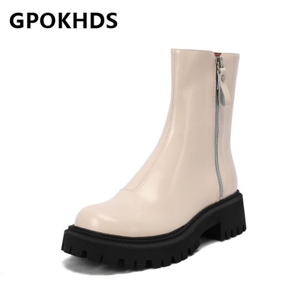 

gpokhds 2021 женщин лодыжки сапоги кожа коровы зима короткая плюшевая круглый toe zipper med каблуки женщина езда сапоги размер 40, Black