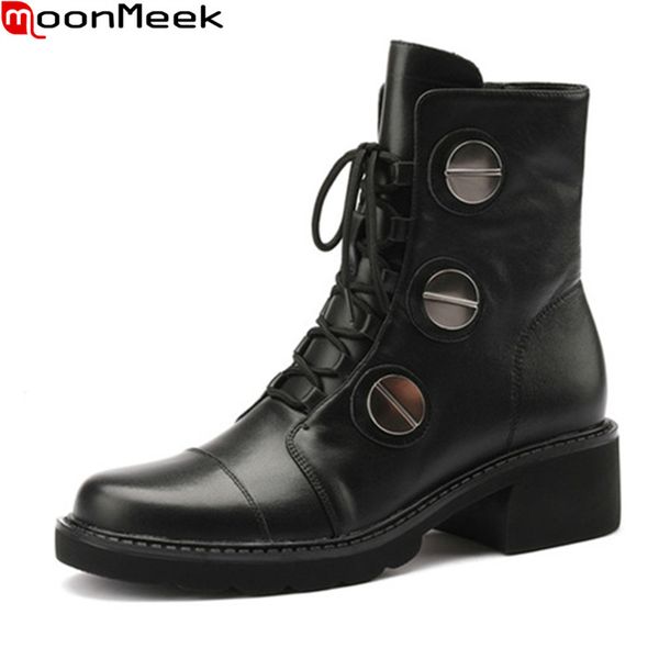 

boots moonmeek 2021 women genuine leather comfortable ladies shoes fashion lace up black color ankle