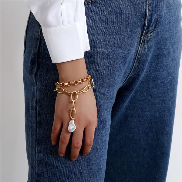 

new fashion 2pcs/set minimalism geometric hollow chain bracelet women pearl pendant chain bracelets bangles jewelry gift, Black