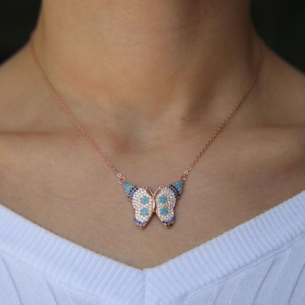 

gold silver rose gold 3 colors colorful beautiful butterfly necklace bohemia style 925 sterling silver paved cz turquoise fashion jewelry