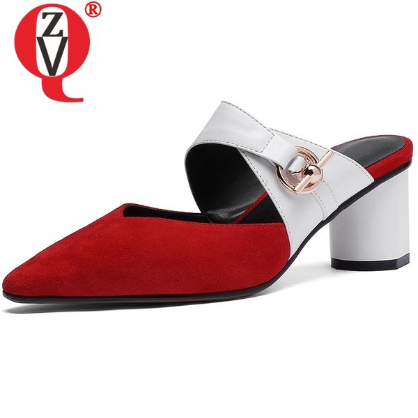 

zvq women good quality fashion slippers real genuine leather sheepskin pointed toe high heel buckle shoes ladies party shoes, Black