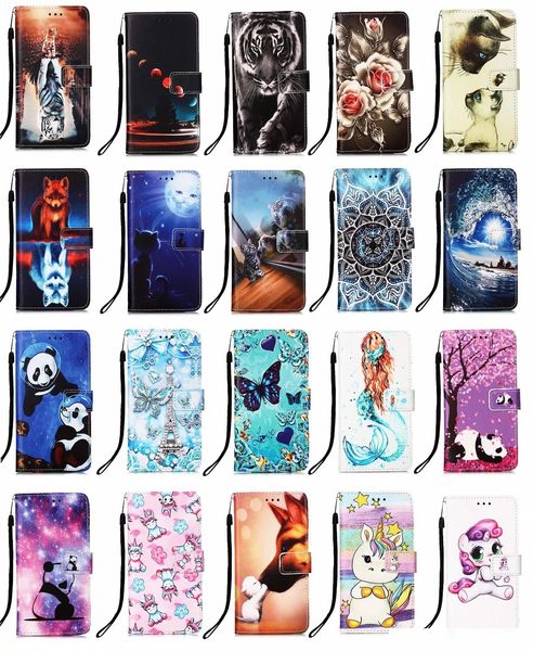 

leather wallet case for iphone 12 pro 11 xr xs max x 8 7 6 samsung note 10 s10 s10e panda tiger tower flower cartoon butterfly flip cover