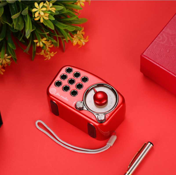 

radio retro bluetooth speaker, vintage fm with old fashioned classic style, strong bass red enhancement, loud volume,