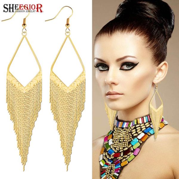 

sheegior long tassel earrings for women accessories boho ethnic copper gold big rhomb dangle drop earings fashion jewelry bijoux, Silver