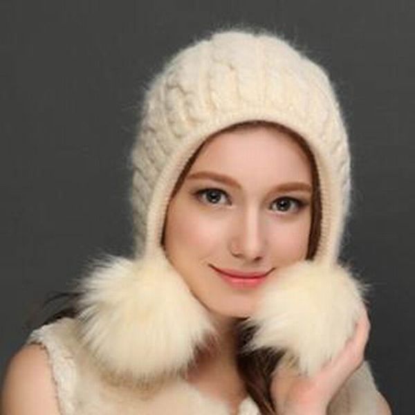 

beanie/skull caps winter hat genuine natural real wool fur female beanies knitted hats pompon headgear skullies for girls m1620, Blue;gray