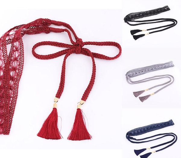 

1pcs lace hollow tie waist belt weaving belt thin knitted belts tassel decoration bow tie knot women waist chain rope, Black;brown