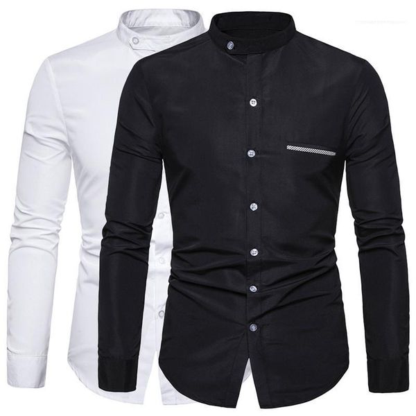 

polyester long sleeve mens shirts lapel neck solid mens with pockets fashion male clothing business, White;black