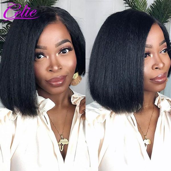 

lace wigs kinky straight bob wig human hair 150 density 13x4 front for black women celie yaki, Black;brown