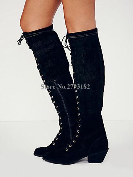 

осень зима моды женщин замша шнуровка толстые пятки колено высокие сапоги коренастый пятки удобные середины пятки длинные сапоги, Black