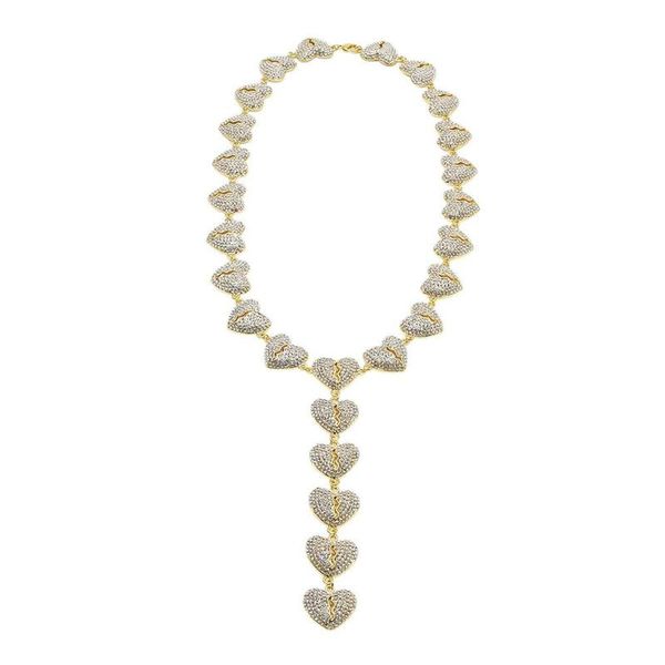 

full rhinestone paved broken hearts splice link chain necklace men hip hop bling iced out chokers necklaces male rapper jewelry, Silver