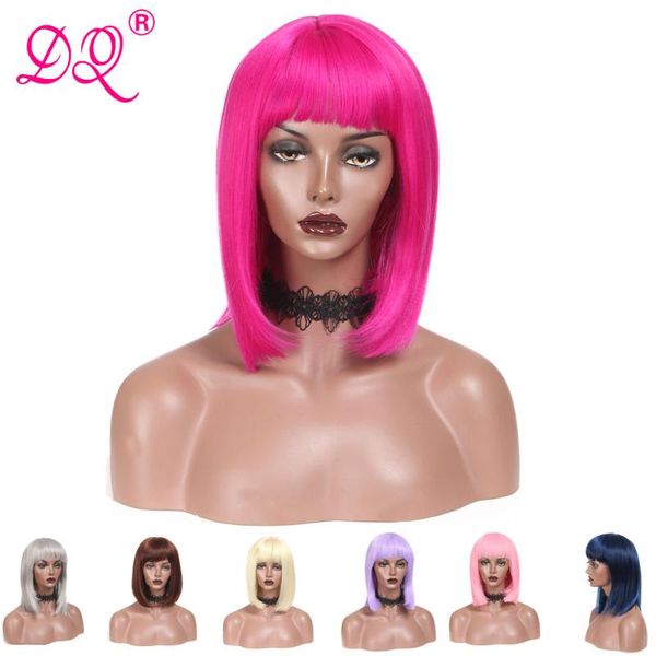 

dq straight short bob wig with bangs synthetic hair wig for women pink blonde blue purple brown ombre colored cosplay, Black