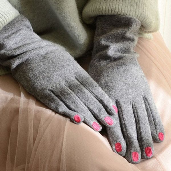 

five fingers gloves womens winter faux wool touch screen embroidery nail pattern warm mittens, Blue;gray