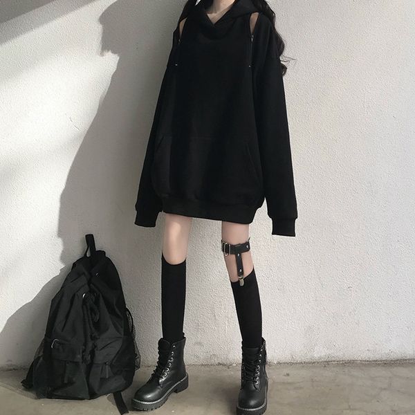 

2020 new harajuku coat sweater styleshoulder hooded sweater women's spring and autumn thin long sleeve coat korean-style internet celeb, Black