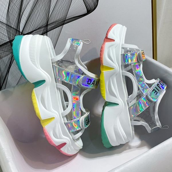 

women chunky sandals platform pvc jelly shoes 6cm high heels casual shoes woman ulzzang fashion designers hook loop sandal 2020, Black