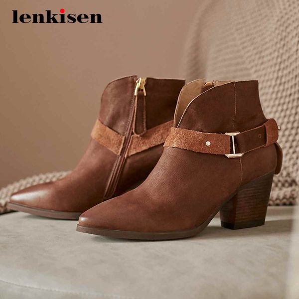 

lenkisen western boots genuine leather buckle decorations thick high heel pointed toe zipper pretty girls noble ankle boots l1f1, Black