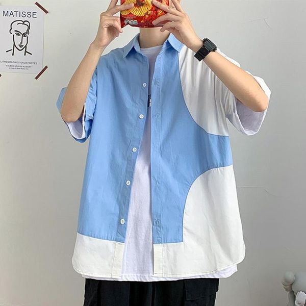 

men's casual shirts fashion color contrast short sleeves turn-down collar men loose shirt mens sleeved, White;black