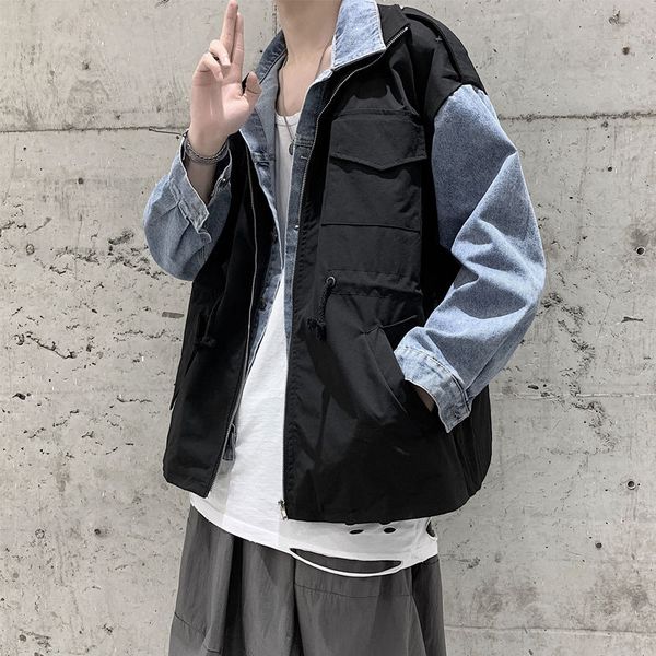 

korean fake two-piece jacket men's fashion casual multi-pocket tooling jackets mens streetwear loose hip-hop bomber jacket men, Black;brown