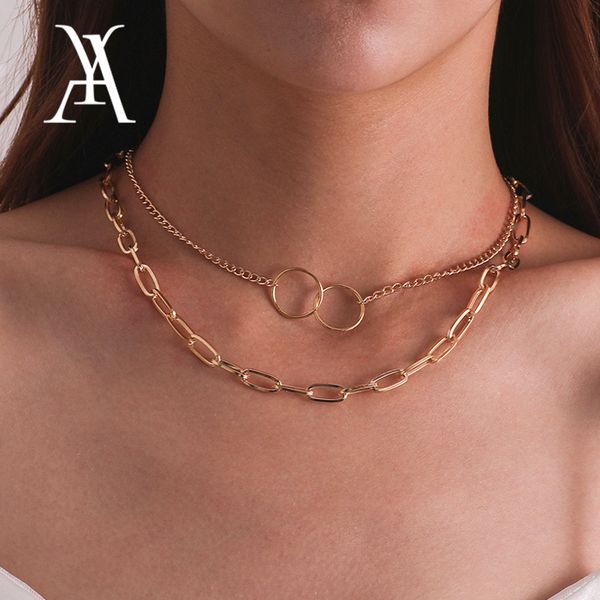 

simple gold color chunky cuban link chain choker necklace collar geometric double circle hoop layered necklace statement jewelry, Silver
