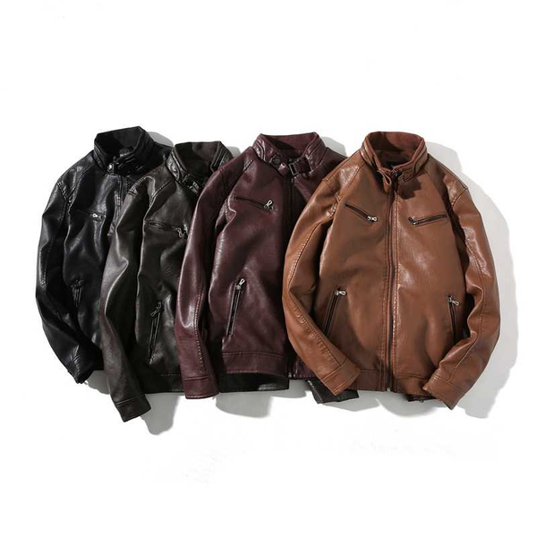 

flocking winter thick zipper men pu leather fashion men's jacket four colors, Black