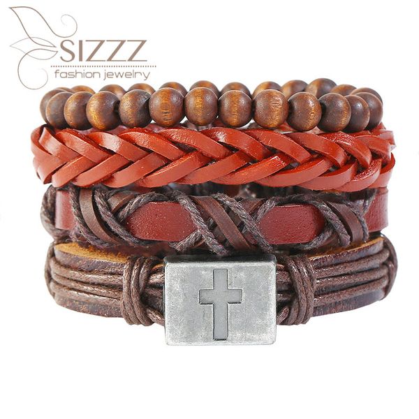 

charm bracelets sizzz 2021 factory direct vintage woven four-piece leather simple diy cross bracelet&bangles for women/men, Golden;silver