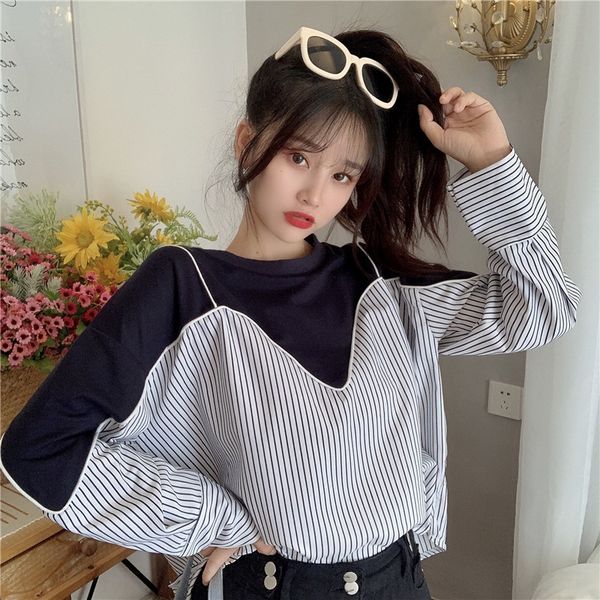 

fake two-piece ulzzang sweater women's loose korean trendy ins lazy style thin design style niche sweatersweater sweater wk6oe wk6oe, Black