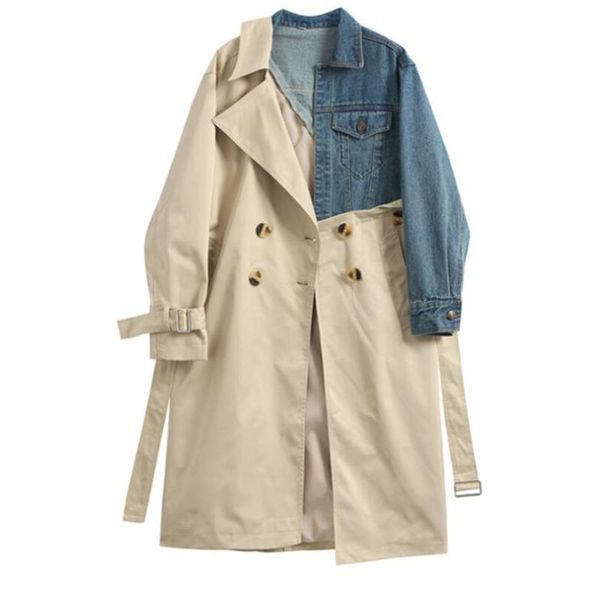 

2020 autumn winter lapel long sleeve khaki hit color denim stitcing trench coat loose sashes windbreaker women fashion tide p132, Tan;black