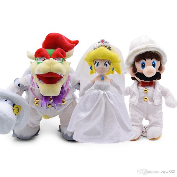 

3pcs/lot luigi bros 23cm mario 36cm bowser koopa 32cm princess wear wedding dress plush toy