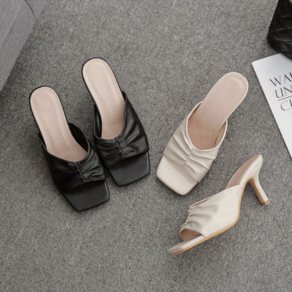 

dress shoes woman pumps wrinkle fine heel ladies sandals women's fashion square toe slippers for female outdoor lady flip flops, Black