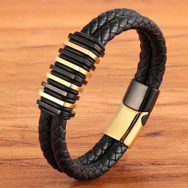 

classic style simulation building shape stainless steel luxury men's leather bracelet 4 colors simple button for birthday gifts, Golden;silver