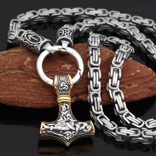 

nordic viking rune with thor hammer pendant necklace stainless steel -king chain with valknut gift bag, Silver