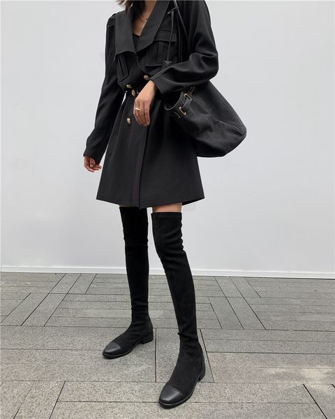 

real leather mid heel stretch long boots women shoes round toe thick heels over the knee high boots female autumn winter, Black