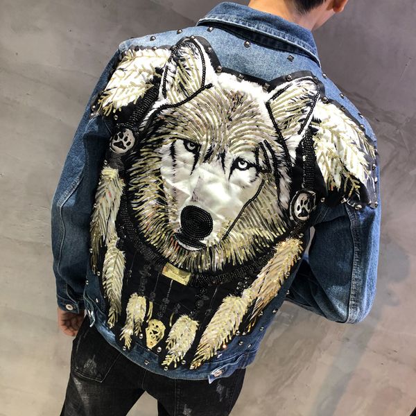 Fashion- 2020 Punk Style Novel Wolf Rivetto ricamato Jeans Giacca da uomo Giacche di jeans Streetwear Slim Jeans Jacket