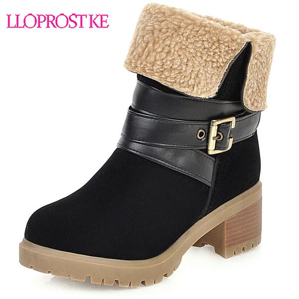 

lasyarrow new arrivals 2020 add fur warm winter snow boots woman shoes chunky heels slip on platform winter shoes women boots, Black