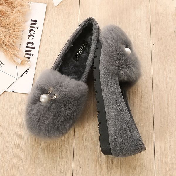 

2021 winter new hair boots shoes women's outer wear plus velvet thick-soled fur shoes large size loafers women, Black