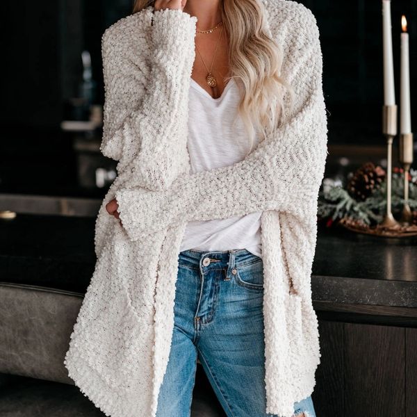 

women's knits & tees women knitted loose sweater long sleeve cardigan solid color coat jacket d08e, White