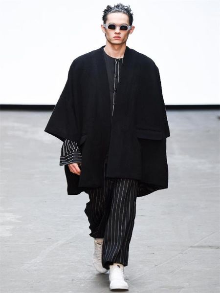 

men's wool & blends yamamoto male fur coat ni japanese literary classic loose kimono, Black