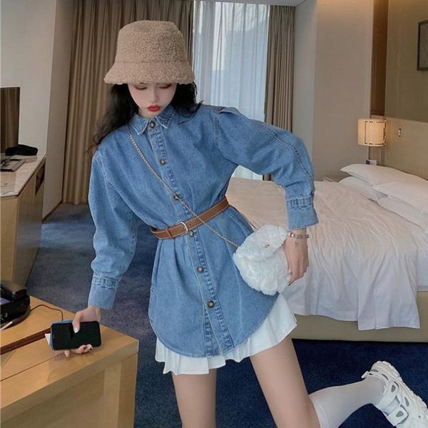 

Streetwear Korean Women Casual Cowboy coat With belt Autumn 2020 Mid-length Loose Washed Grey Blue Denim jacket Chaqueta Mujer