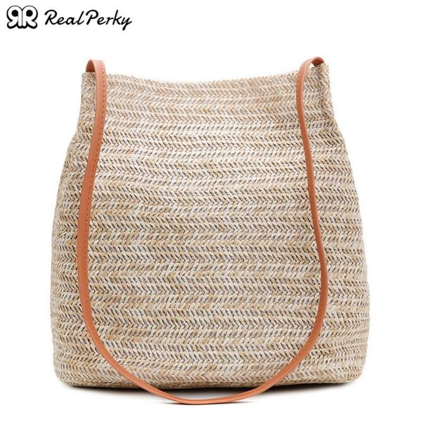 

south korea's casual women bucket straw bags female summer handmade woven rattan beach bags ladies fashion new shoulder handbags